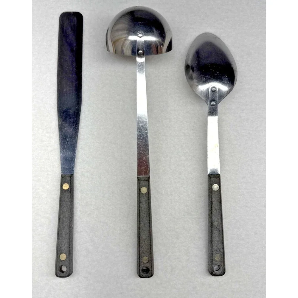 EKCO Stainless Steel Serving Set Black Handle Spoon Ladle Spreader 3 Pc Vintage